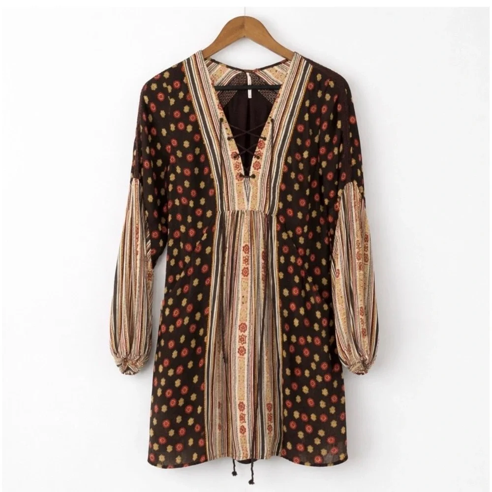 J14 Free‎ People Womens Rain or Shine Mini Dress Long Sleeve Black Multicolor - Picture 3 of 6